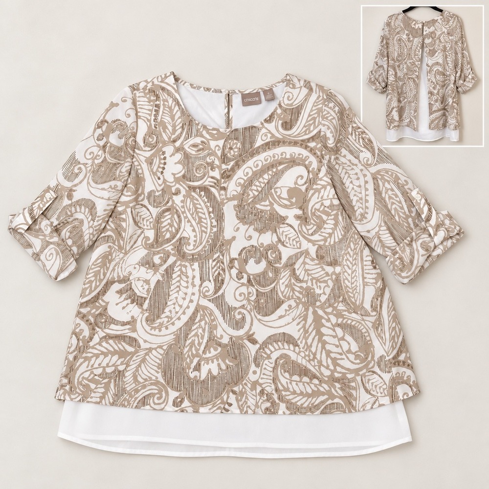 Chicos Neutral Paisley Layered Blouse (1/M) Short Sleeve Lightweight Chic Open